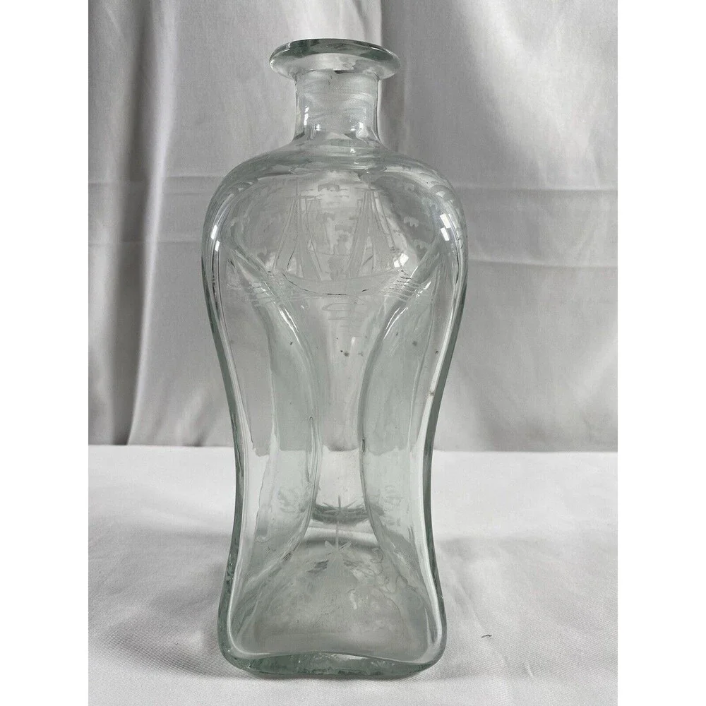 Vintage Etched Ships Kluk Kluk Decanter No Stopper #649 READ